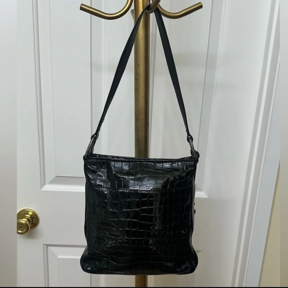 Brighton Black Croc Leather Crossbody Bag Silver Heart Charm Vintage Chic